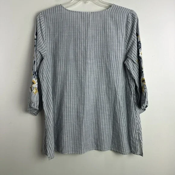 J Jill Top Womens Striped V Neck Floral Embroidered Top Size L Puff Sleeve Boho - Picture 5 of 10